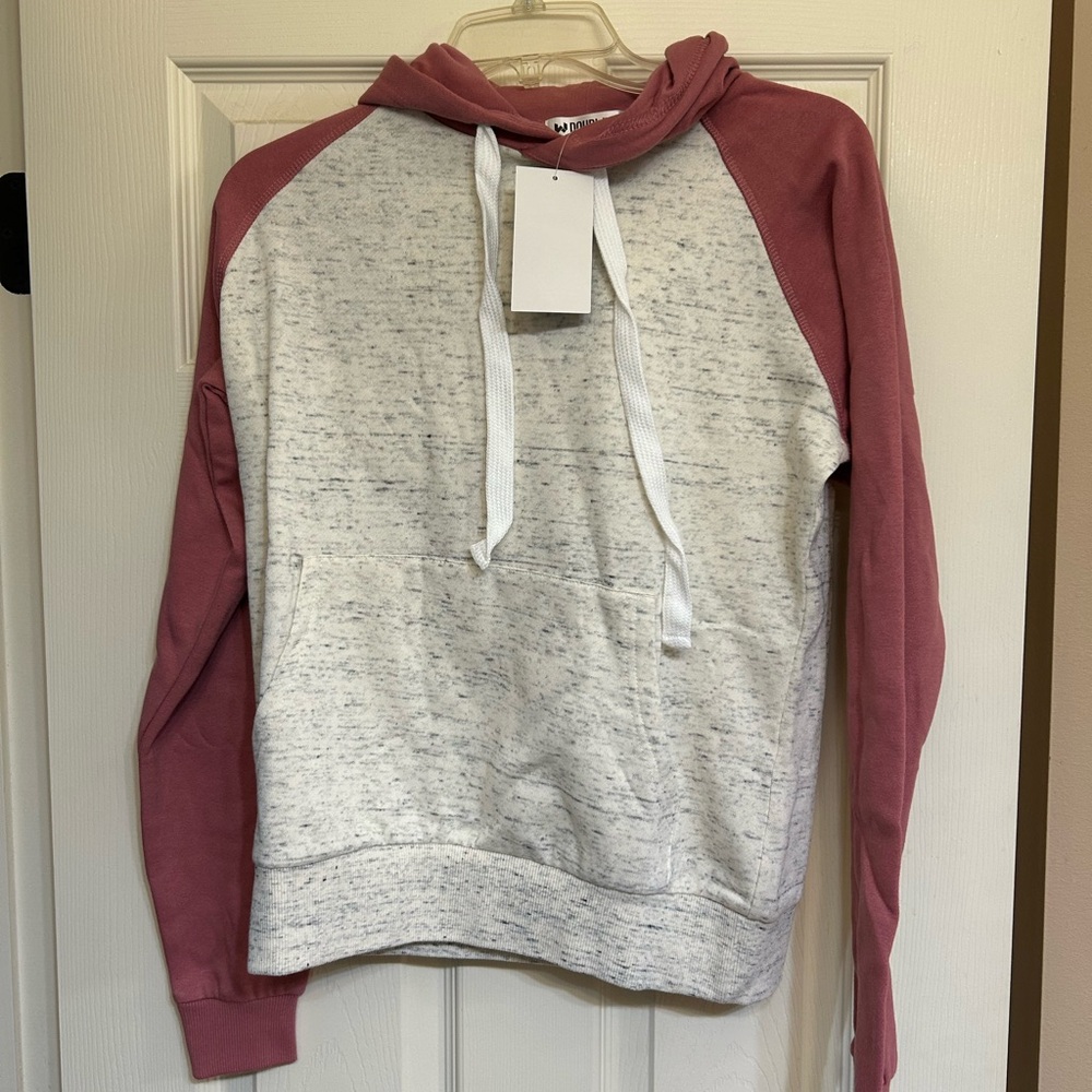 Doublju Pink and Gray Sweater with Ribbed Cuffs